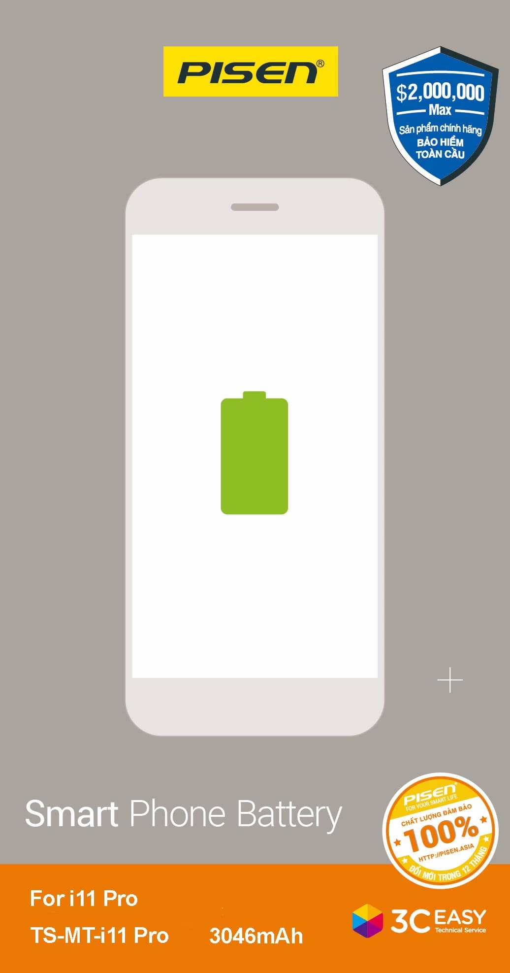 Pin iPhone 11 Pro Max PISEN (Dung lượng chuẩn 3969mAh)
