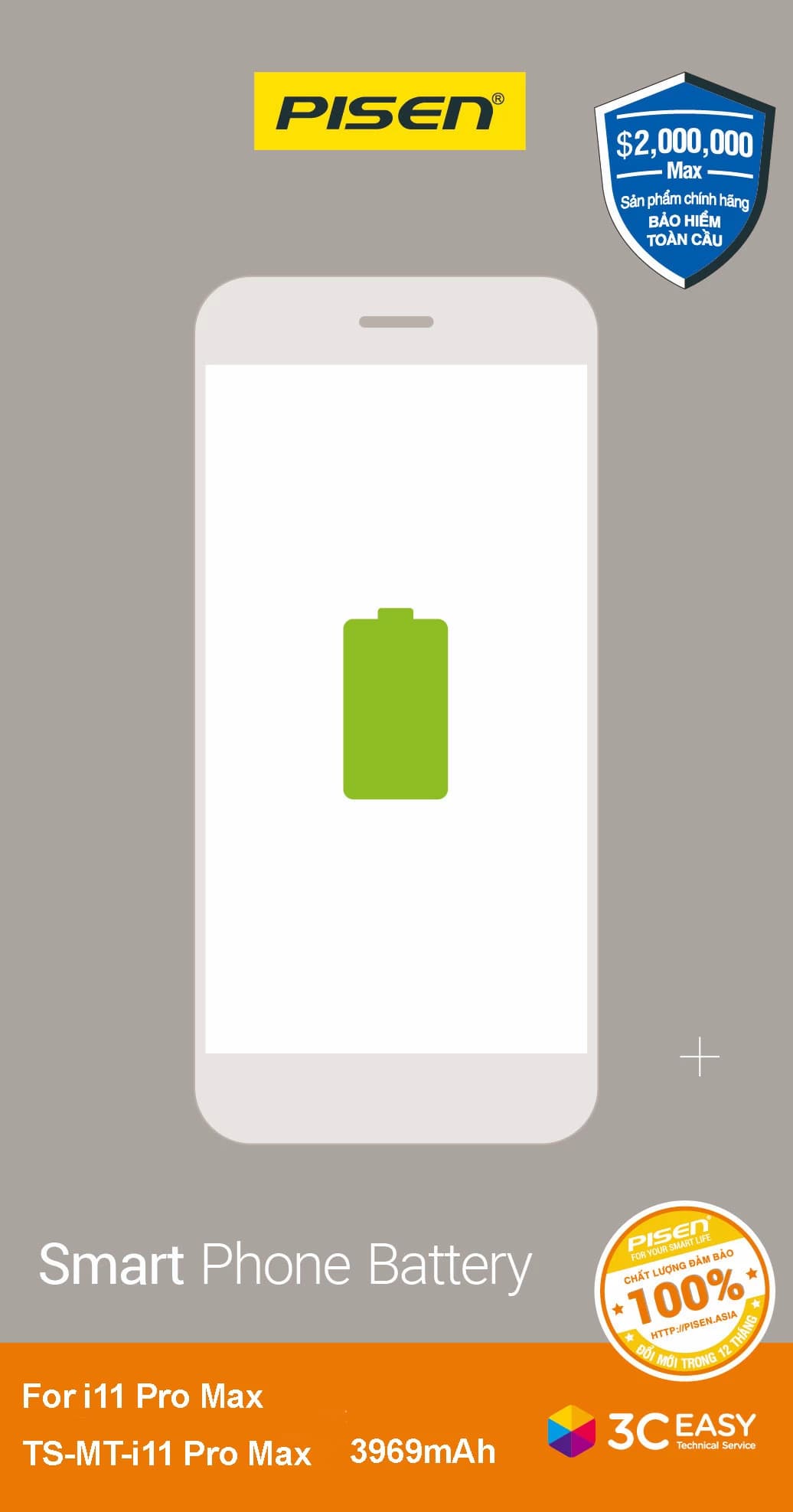 Pin iPhone 11 Pro PISEN (Dung lượng chuẩn 3046mAh)
