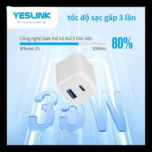Củ sạc Yeslink 35w 2 cổng USB C+ USB A P1335B