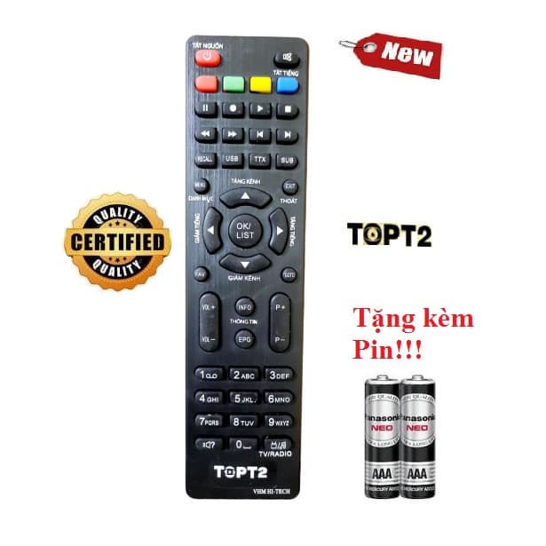 Điều khiển thay thế tương thích cho đầu thu truyền hình KTS mặt đất DVB Top T2 Hàng tốt Tặng kèm Pin!!!