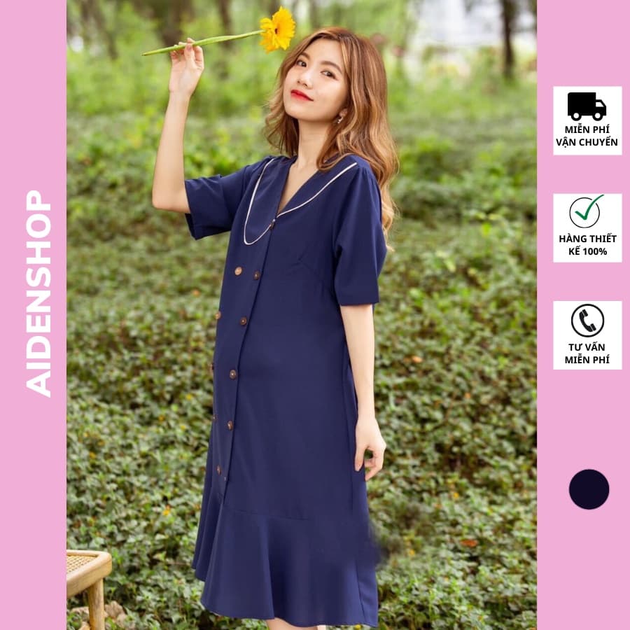 Váy bầu đẹp Công sở Aidenshop đầm bầu thiết kế mùa hè chất thái chéo mịn mát