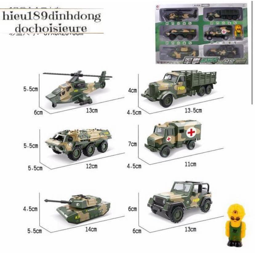 Bộ 6 xe quân sự cỡ lớn sắt kết hợp nhựa (ảnh thật)