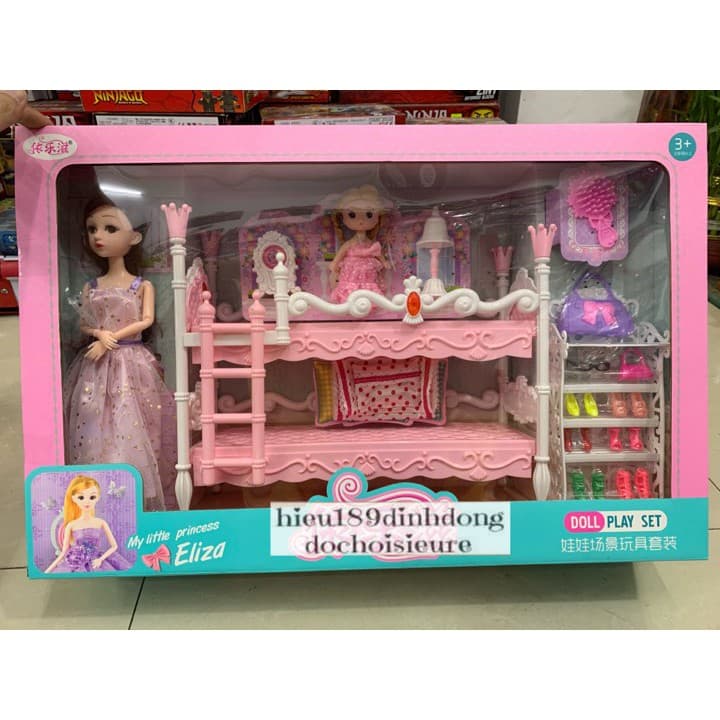Đồ chơi giường ngủ 2 tầng kèm búp bê khớp và em bé (ảnh thật)