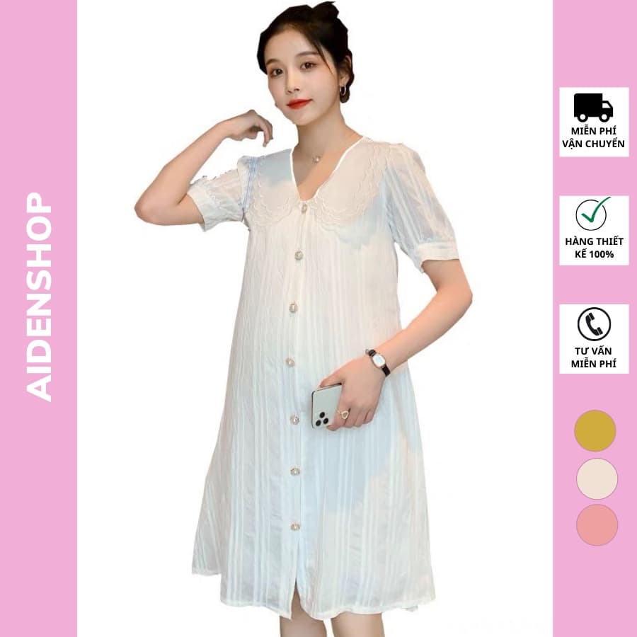 Váy bầu thiết kế công sở Aidenshop Đầm bầu thời trang dáng suông màu trắng chất thô lụa 2 lớp