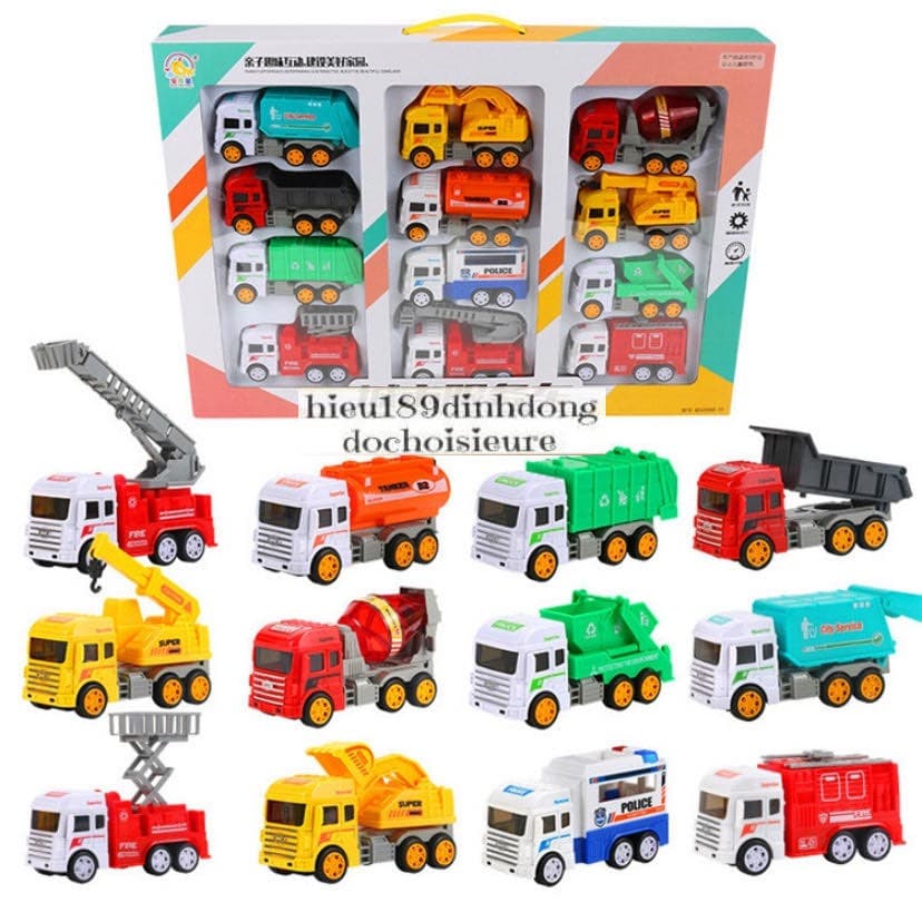 bộ 12 xe môi trường công trình bánh đà đồ chơi cho bé