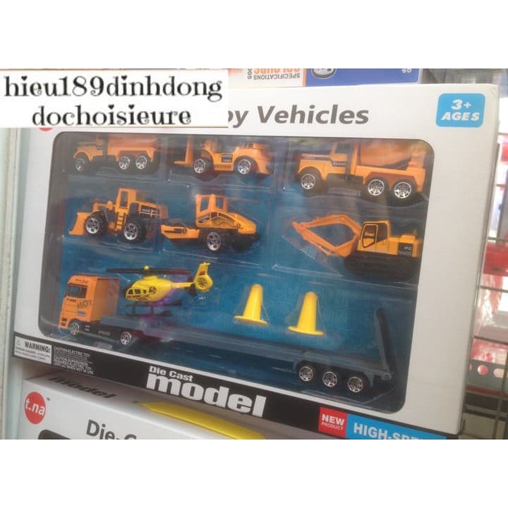 Bộ 7 xe sắt kết hợp chi tiết bằng nhựa chủ đề cứu hỏa và công trình (ảnh thật) (Khách chat chọn mẫu)