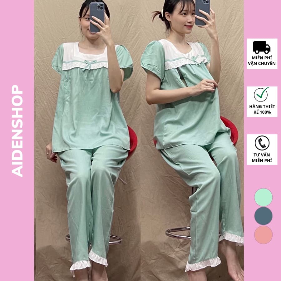 Bộ bầu áo cộc và quần dài bầu và sau sinh chất đũi mát có khóa ti freesize 46 68kg