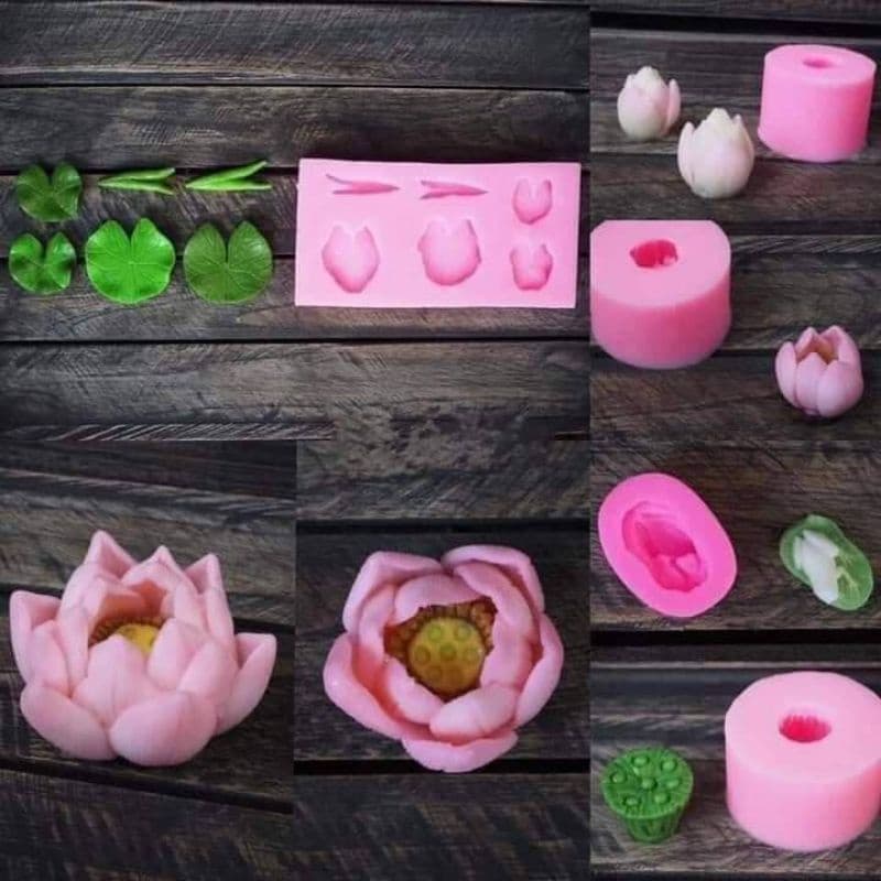 Bộ 7 khuôn silicon hoa sen búp sen lá sen ếch khuôn hoa sen thái làm thạch bánh rau câu hoa nổi 4d bánh trung thu