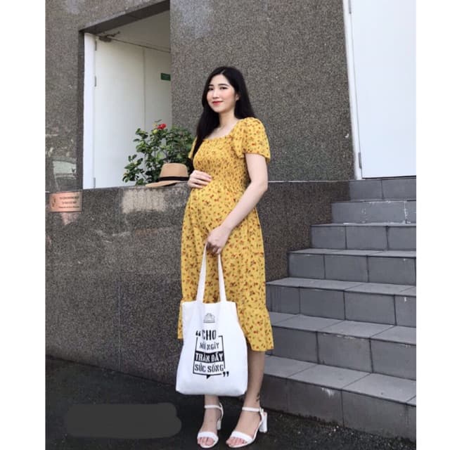Đầm bầu thời trang chun ngực hoa 40 70kg Váy bầu đẹp dáng dài (kèm video)