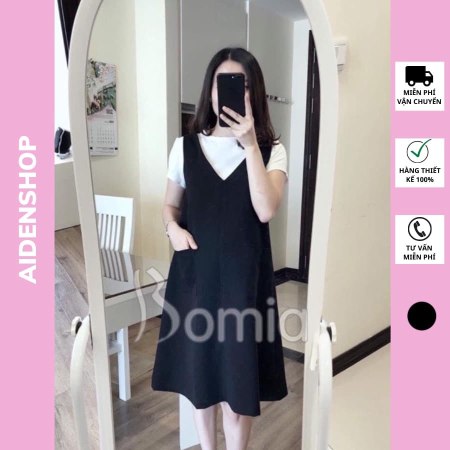 Yếm váy bầu công sở cổ tim màu đen dáng suông(Không kèm áo) có túi fullsize 40 80kg