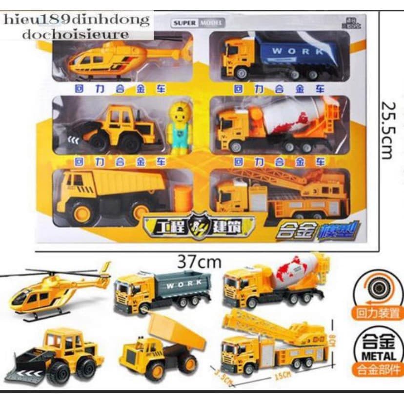 Bộ 6 xe công trình máy bay cỡ lớn hợp kim sắt kết hợp nhựa (ảnh thật)