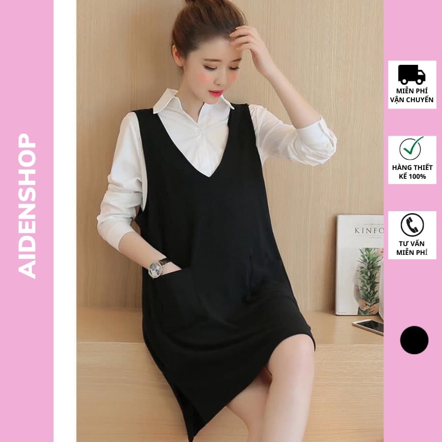 Váy yếm bầu công sở đẹp Aidenshop đầm bầu yếm màu đen thiết kế cao cấp loại 1 (Không kèm Áo)