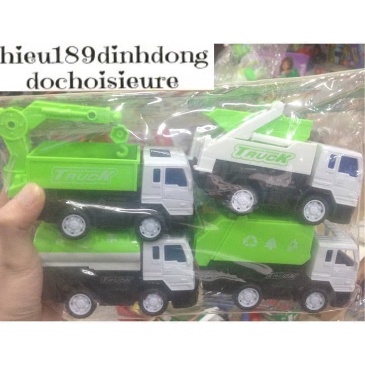 Set 4 xe công trình xe rác bánh đà màu sắc đẹp (ảnh thật)