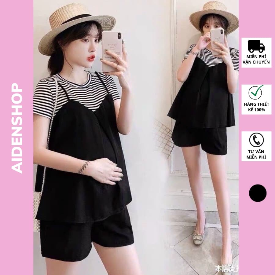 Bộ bầu mặc nhà du lịch đồ bộ bầu đùi màu đen mùa hè