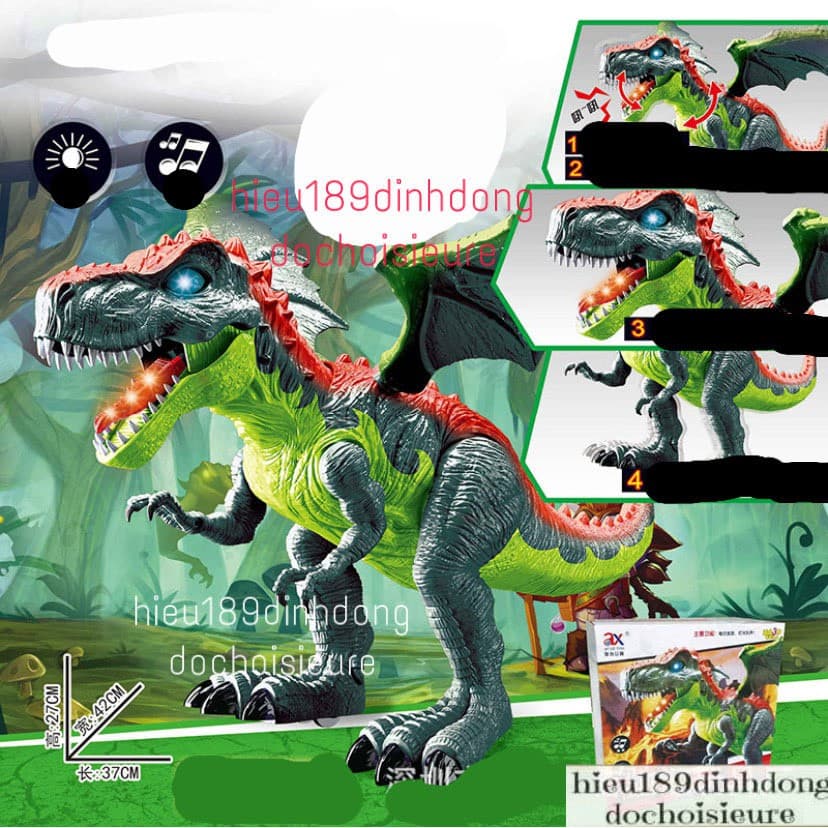 Hộp đồ chơi khủng long bạo chúa có cánh chạy pin có nhạc có đèn tặng kèm pin