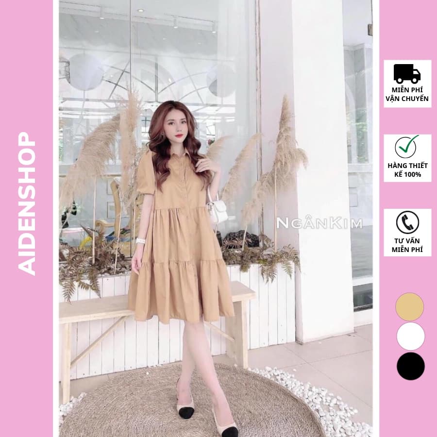 Váy bầu thời trang dáng sơ mi ulzzang cổ đức 3 tâng màu trắng be đen