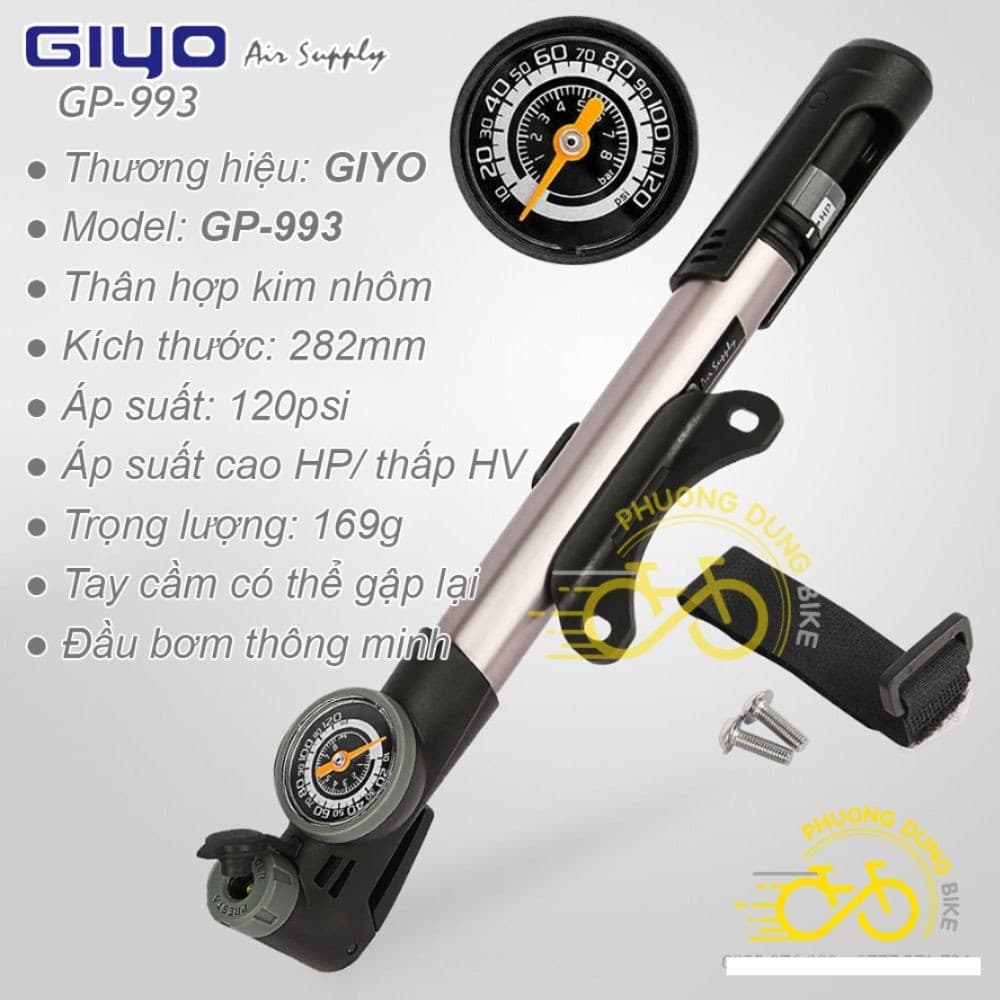 Bơm mini xe đạp Giyo GP 993 có đồng hồ đo áp suất Van Thông Minh