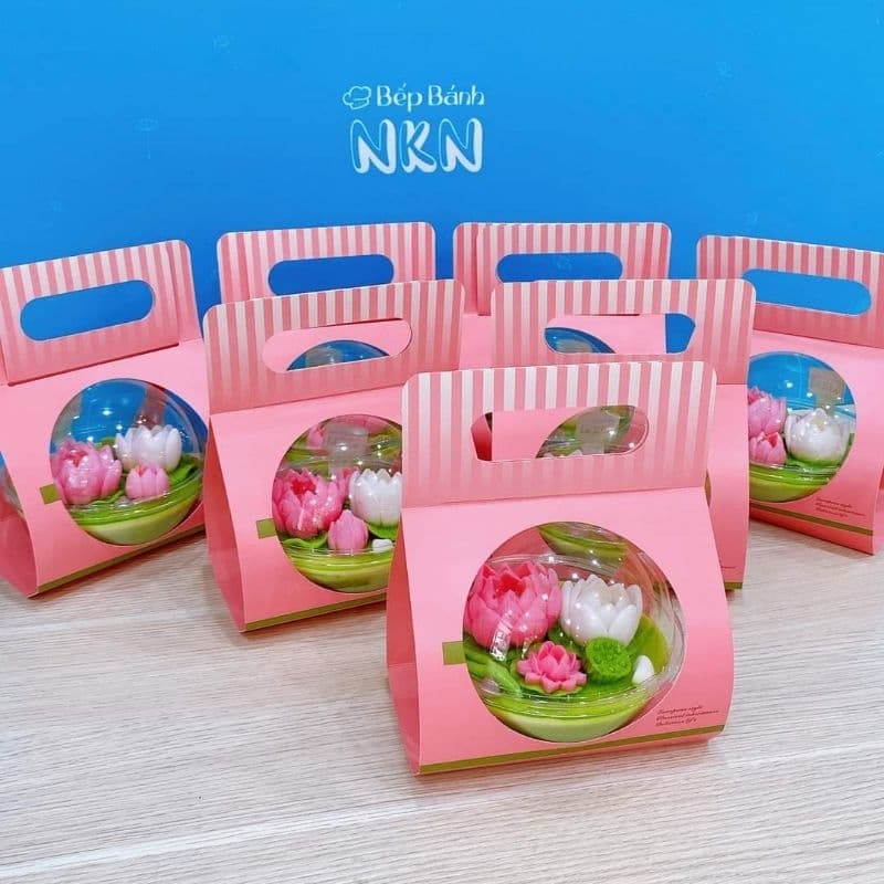 Sét 10 hộp cầu kèm túi xách giấy đựng bánh thạch kem quà tặng màu xanh hồng ngẫu nhiên