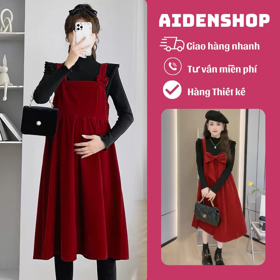 Yếm bầu nhung thu đông( Không áo) thiết kế xinh Aidenshop đầm bầu xinh Tết
