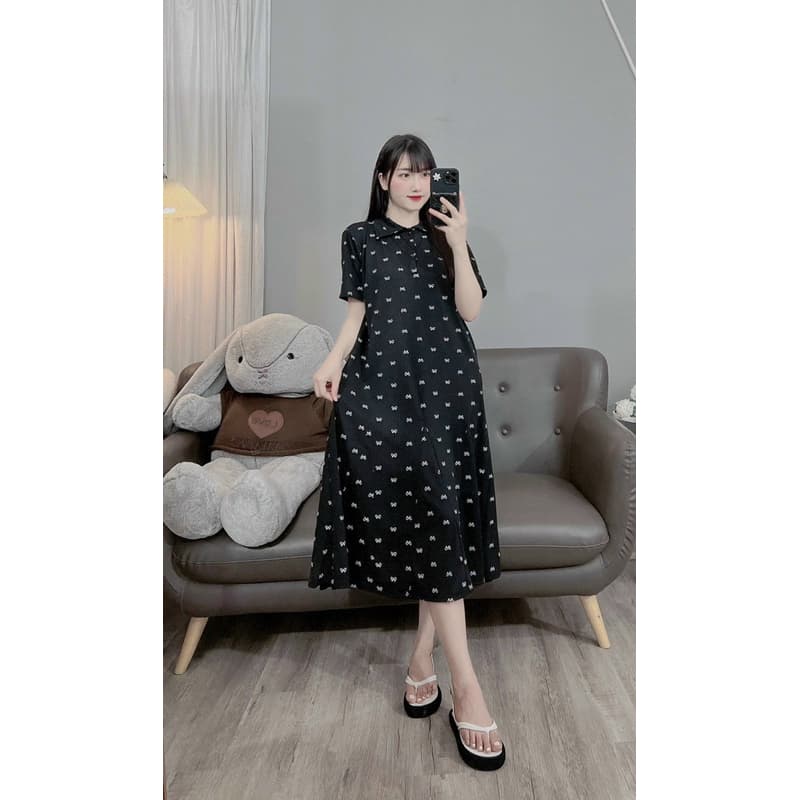 Váy bầu xinh công sở hoa vintage dáng dài hoa nhí màu hồng và đen đầm bầu mùa hè cộc tay