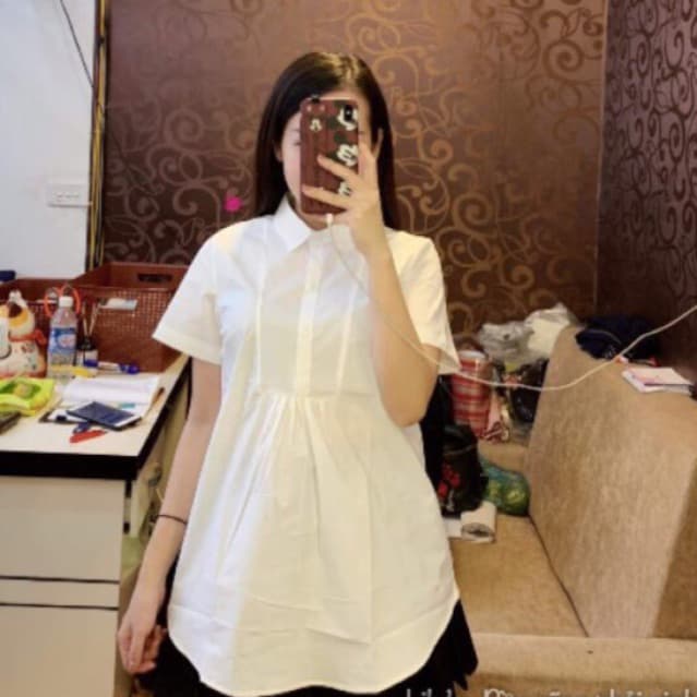 Áo sơ mi bầu công sở áo sơ mi trắng bầu măc kết hợp yếm bầu