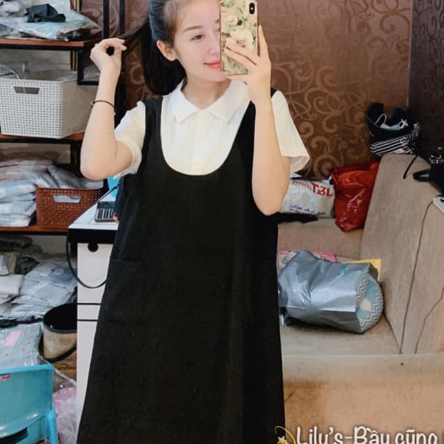 Váy bầu công sở Aidenshop đầm bầu yếm đen liền cổ áo sơ mi