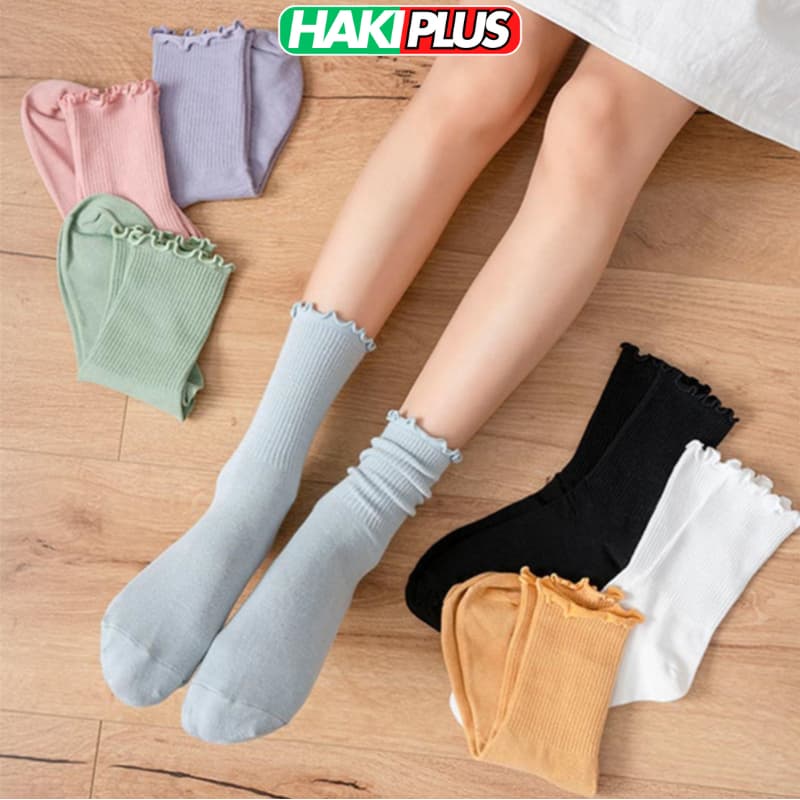 HAKIPLUS Tất cổ cao nữ bèo nhún vớ bèo nhún nữ cổ cao màu trơn basic thời trang Vintage Hàn Quốc TC39