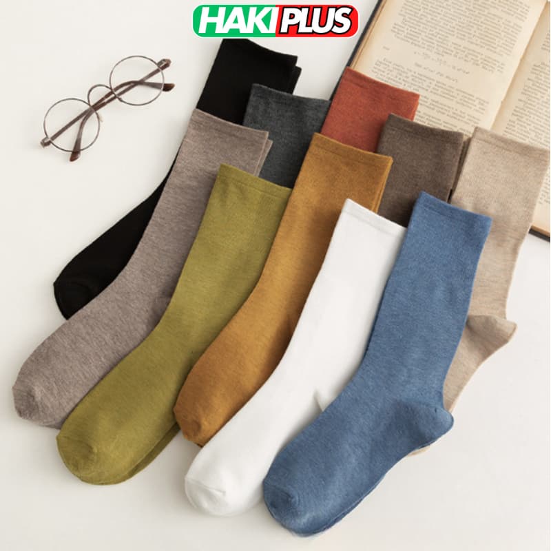 HAKIPLUS Tất cổ cao nữ vớ cổ cao nam nữ vải cotton co giãn hoạ tiết màu trơn thời trang Hàn Quốc TC60