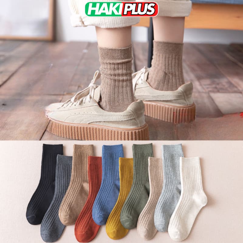 HAKIPLUS Vớ tất cổ cao gân trơn nam nữ vải cotton co giãn phong cách Ulzzang Hàn Quốc TC91