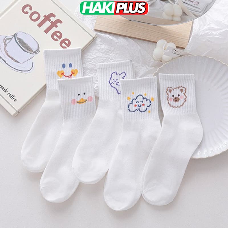 HAKIPLUS Tất cổ cao vớ cổ cao nữ trắng hình thú dễ thương vải cotton co giãn thời trang Hàn Quốc TC111