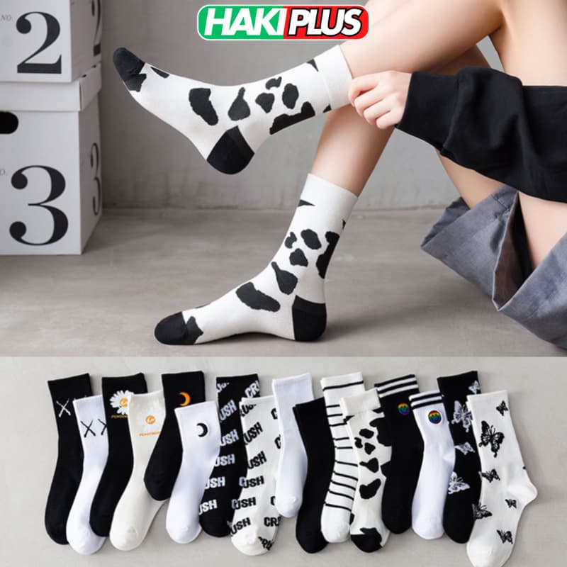 HAKIPLUS Tất cổ cao vớ cổ cao nữ trắng đen vải họa tiết xinh xắn cotton co giãn thời trang Hàn Quốc TC115