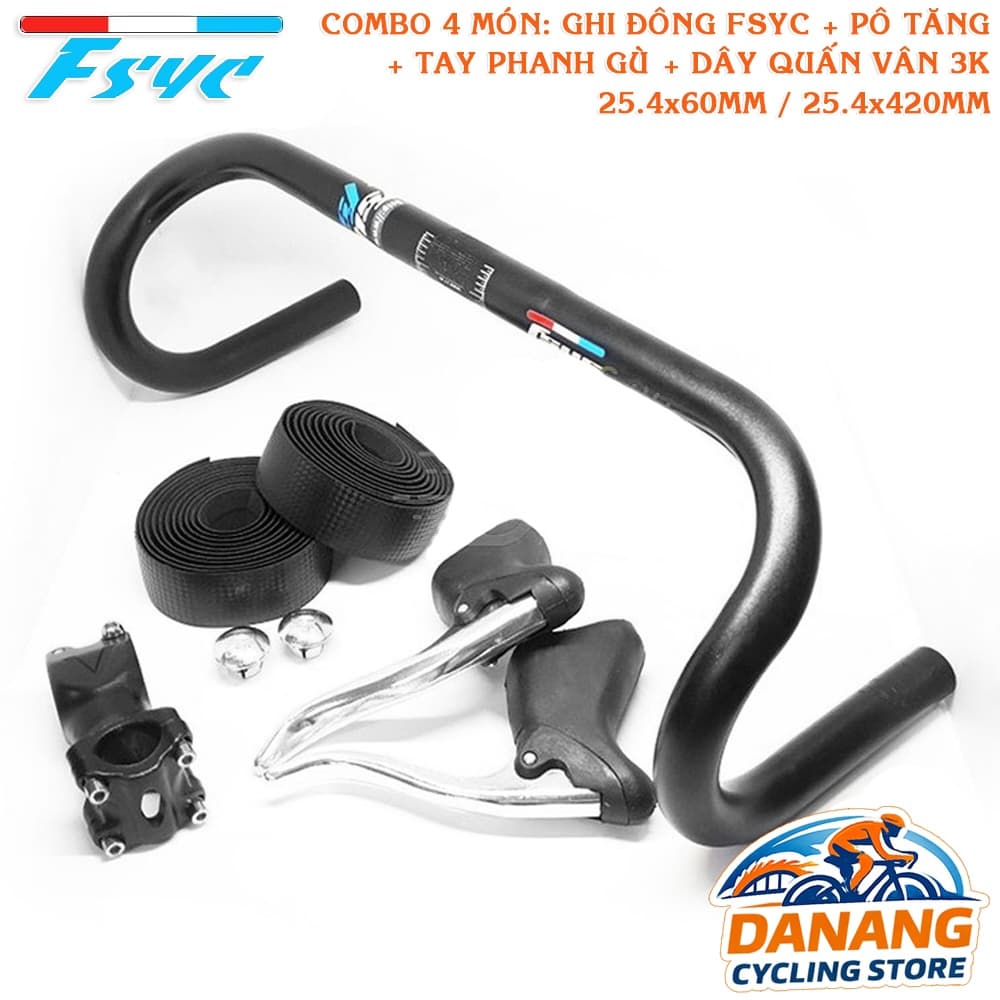 Combo Ghi Đông Cong Xe Đạp FSYC Pô Tăng + Tay Phanh + Dây Quấn Carbon