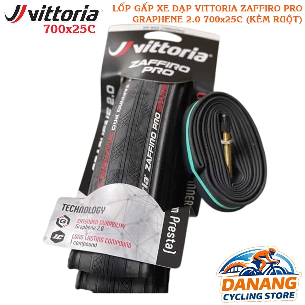 Bộ Lốp Gấp + Ruột Xe Đạp VITTORIA Zaffiro Pro Graphene 2.0 700x25C Tank Mềm Độ Bền Cao Bám Đường Tốt