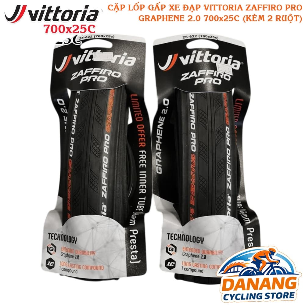 Combo 2 Lốp Gấp 2 Ruột Xe Đạp VITTORIA Zaffiro Pro Graphene 2.0 700x25C Tank Mềm Độ Bền Cao Bám Đường Tốt