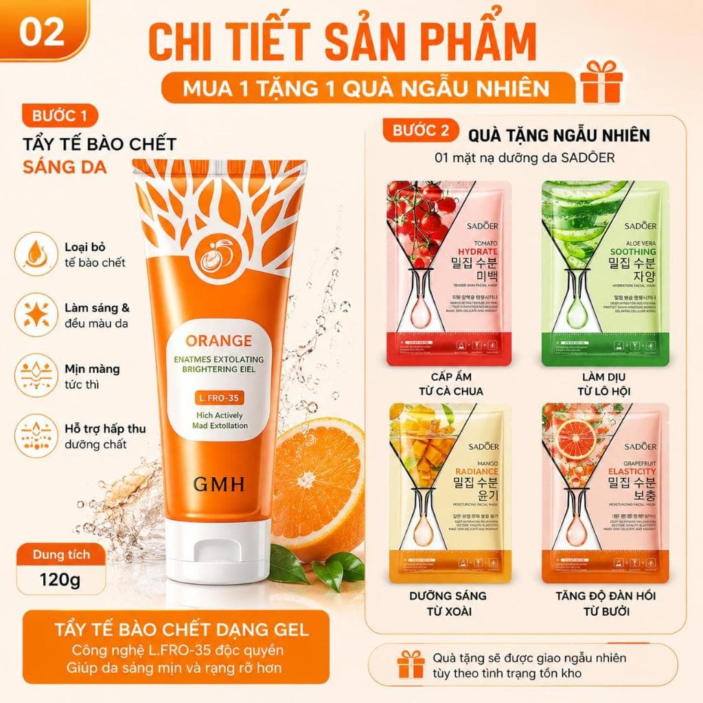 Gel Tẩy Da Chết Mặt Chiết Xuất Cam GMH 120g Tẩy Tế Bào Chết Sáng Da Giảm Thâm (Tặng Mặt Nạ Sadoer)