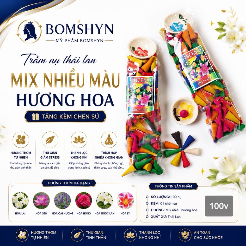100 nụ Trầm Hương Mix Nhiều mùi hoa Kèm chén đốt Hàng nội địa Thái Lan