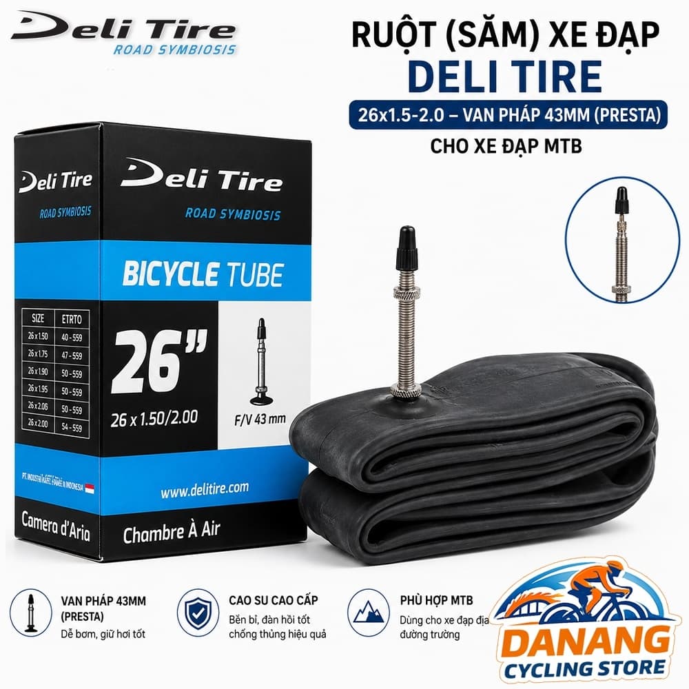 Ruột (Săm) Xe Đạp Deli Tire 26x1.5 2.0 Van Pháp Xe Đạp 43mm (Presta) Cho Xe Đạp MTB