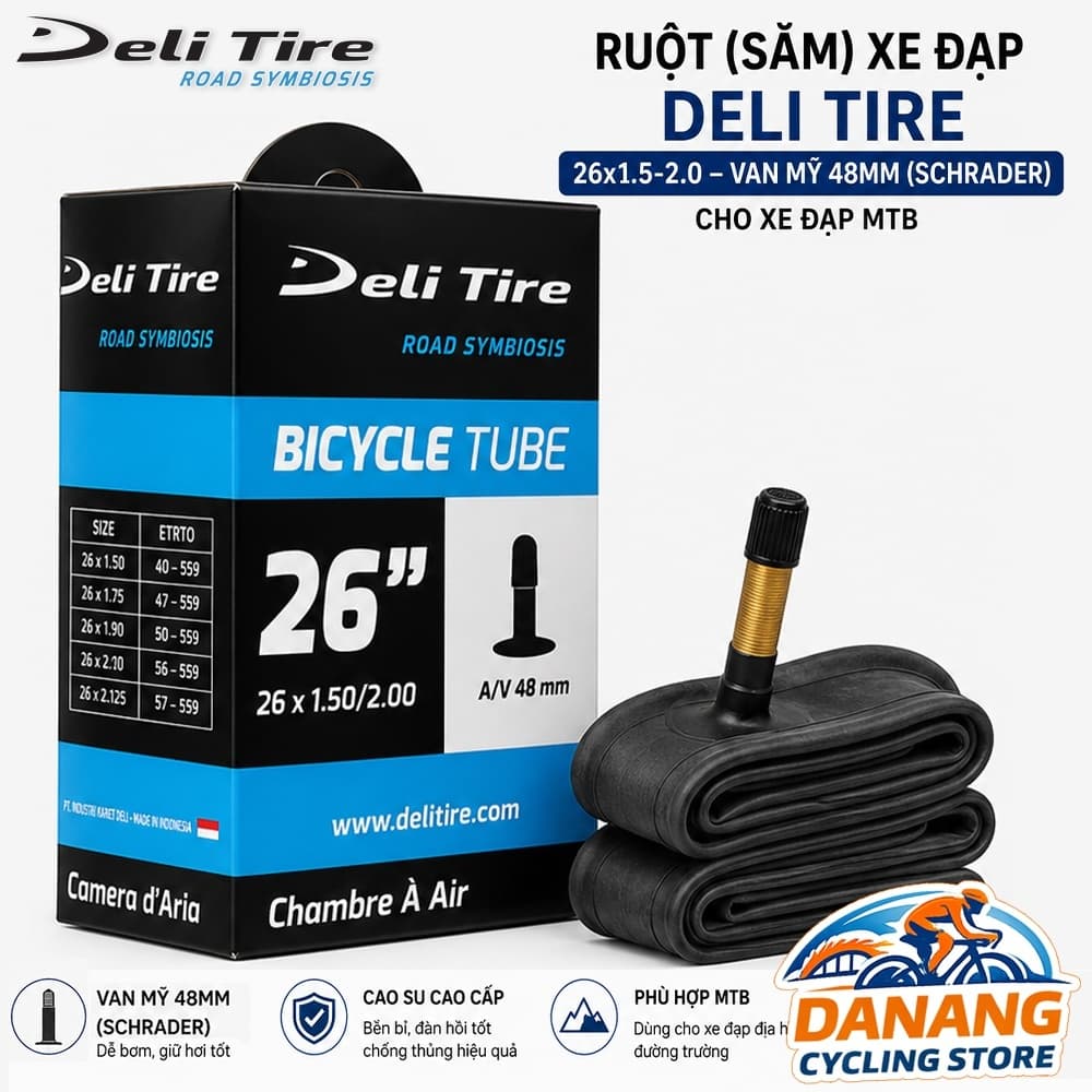 Ruột (Săm) Xe Đạp Deli Tire 26x1.5 2.0 Van Mỹ Xe Máy 48mm (Schrader) Cho Xe Đạp MTB