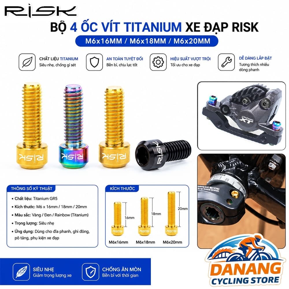 Bộ 4 Ốc Vít Titanium Xe Đạp RISK M6x16mm M6x18mm M6x20mm Phụ Kiện Xe Đạp