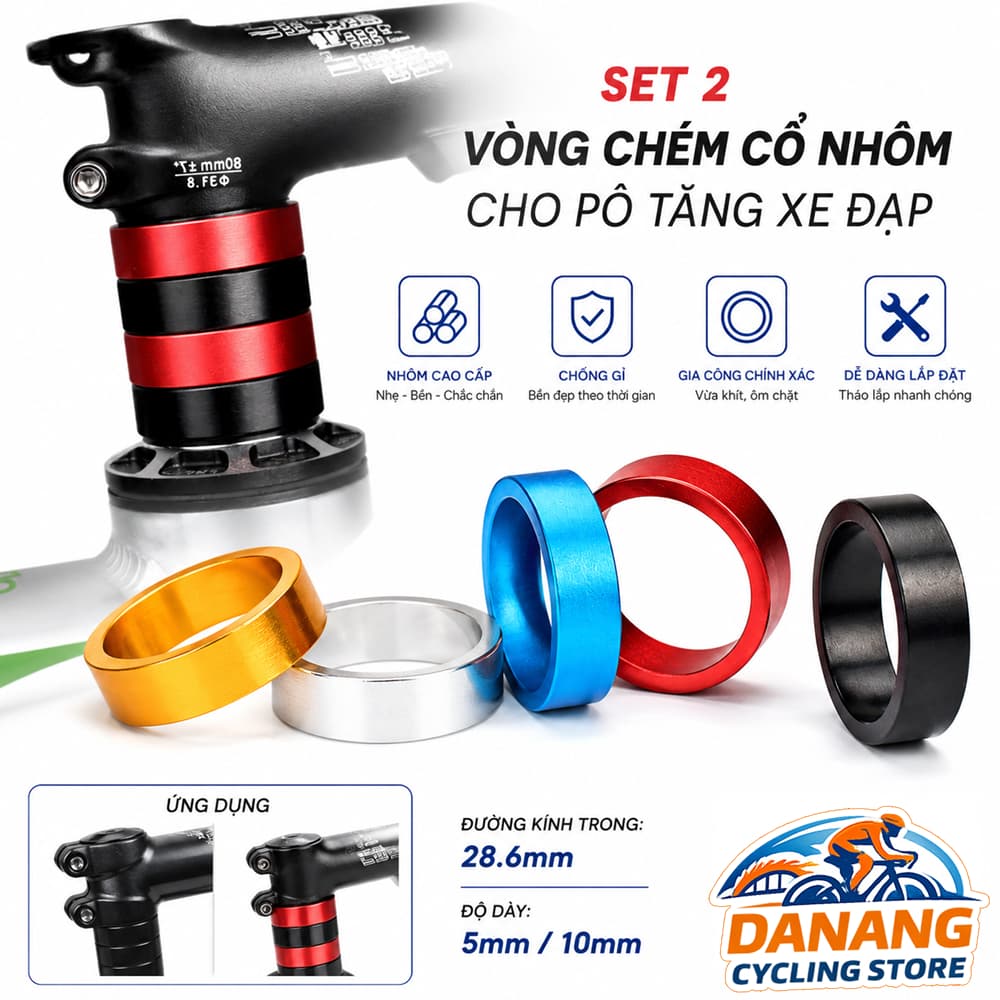 Set 2 Vòng Chêm Cổ Pô Tăng Xe Đạp Nhôm 5mm 10mm Spacer 1 1 8 (28.6mm) CNC