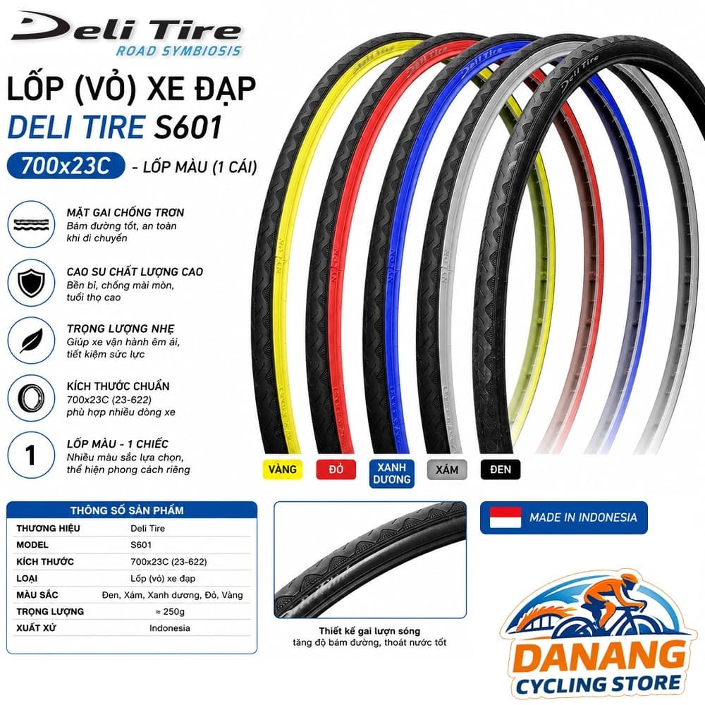Lốp (Vỏ) Xe Đạp Deli Tire S601 700x23C Lốp Màu Cho Xe Đạp Road 1 Cái