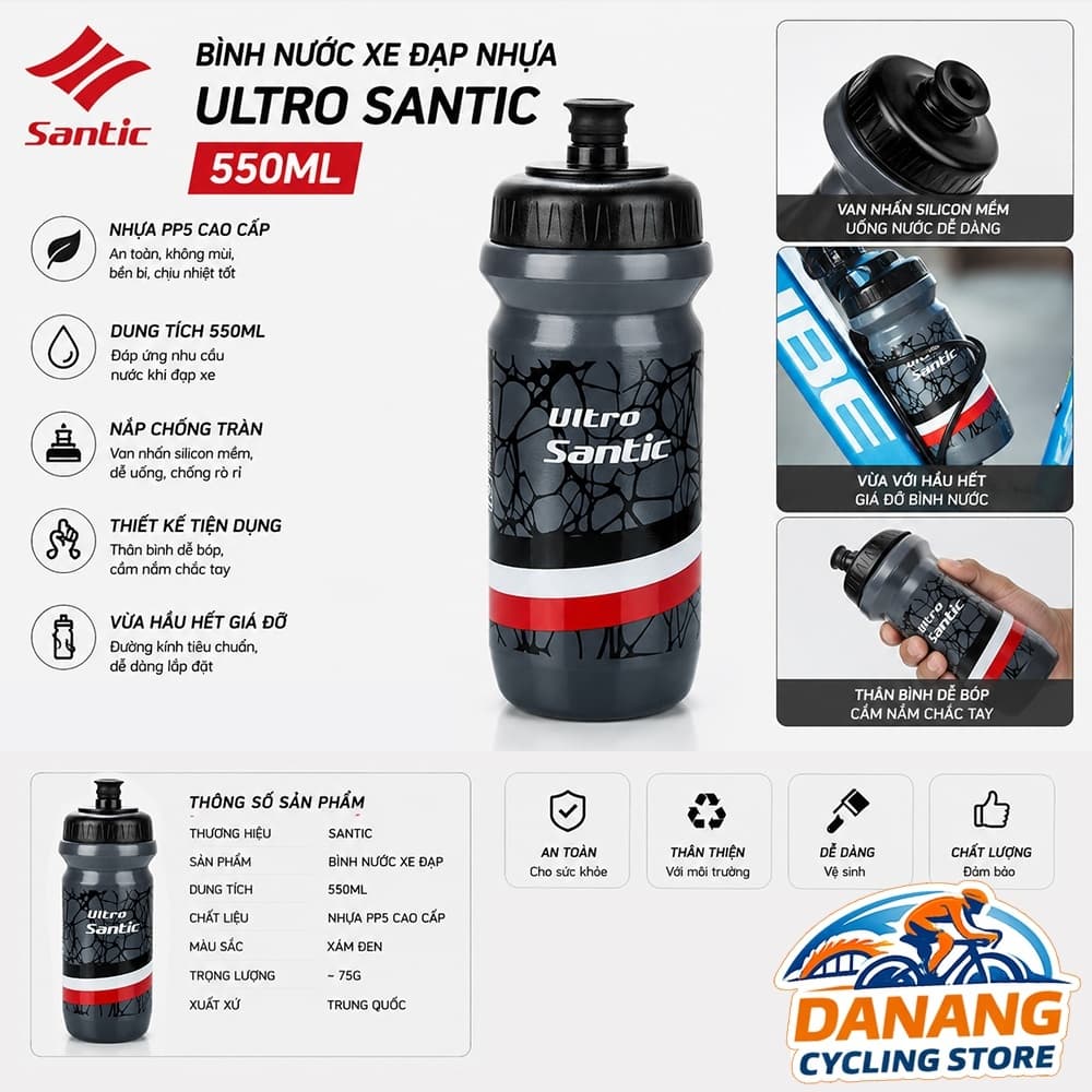 Bình Nước Xe Đạp Nhựa SANTIC Ultro 550ml Bình Nước Thể Thao Van Chống Rò Rỉ
