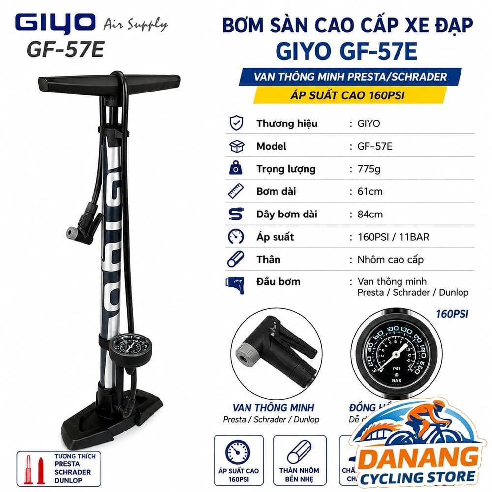Bơm Sàn Cao Cấp Xe Đạp GIYO GF 57E Van Thông Minh Presta Schrader Áp Suất Cao 160psi