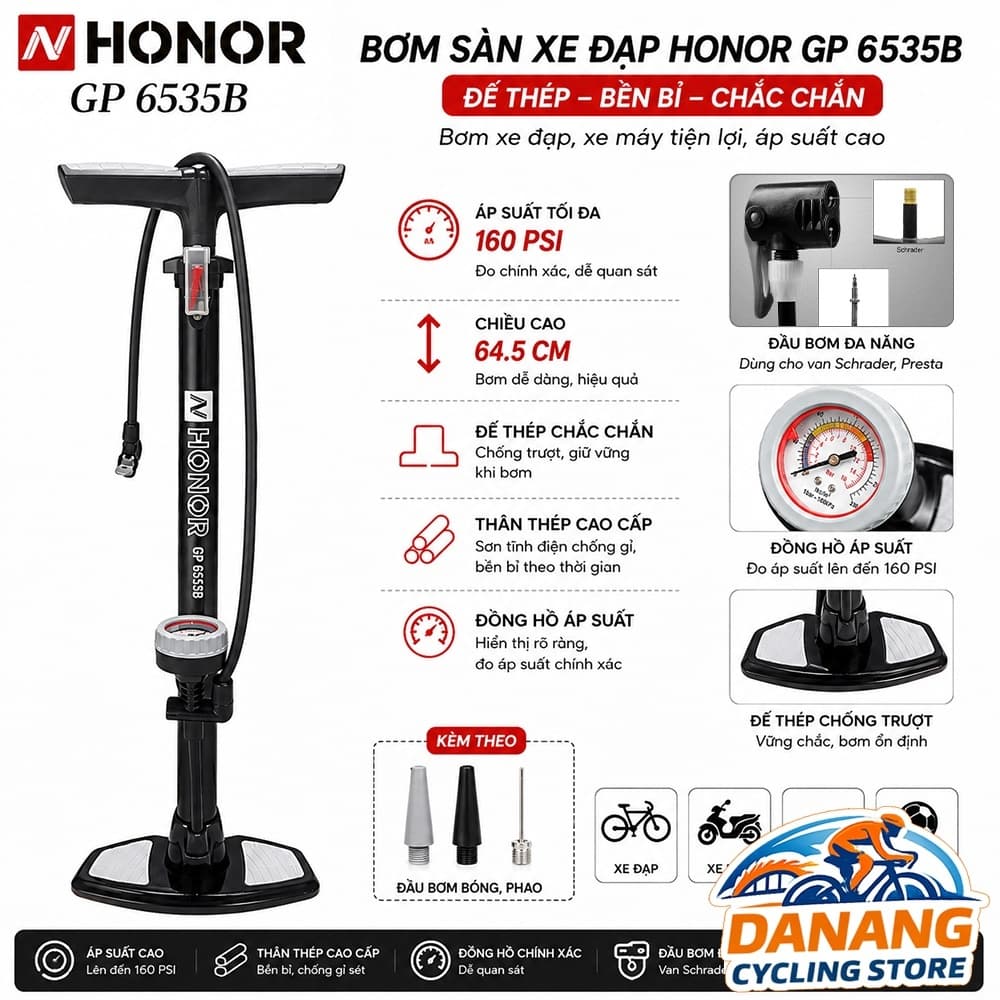 Bơm Sàn Xe Đạp HONOR GP 6535B Đế Thép Có Đồng Hồ Áp Suất 160 PSI Van Pháp & Van Mỹ