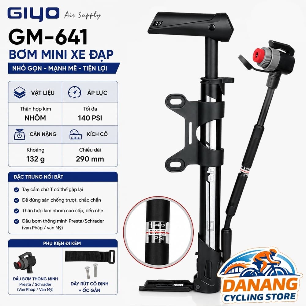 Bơm Mini Xe Đạp GIYO GM 641 Có Đồng Hồ Áp Suất 140psi Nhỏ Gọn Dễ Mang Theo