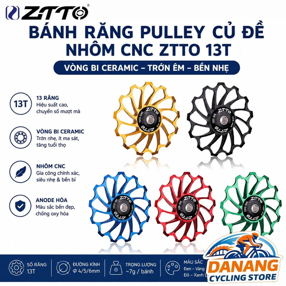 Bánh Răng Pulley Củ Đề Nhôm CNC Xe Đạp ZiTTO 13T Vòng Bi Ceramic Trớn Êm Bền Nhẹ