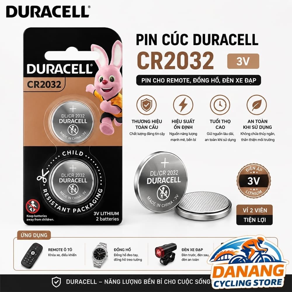 Pin Cúc DURACELL CR2032 3V Pin Cho Remote Đồng Hồ Đèn Xe Đạp Vỉ 2 Viên