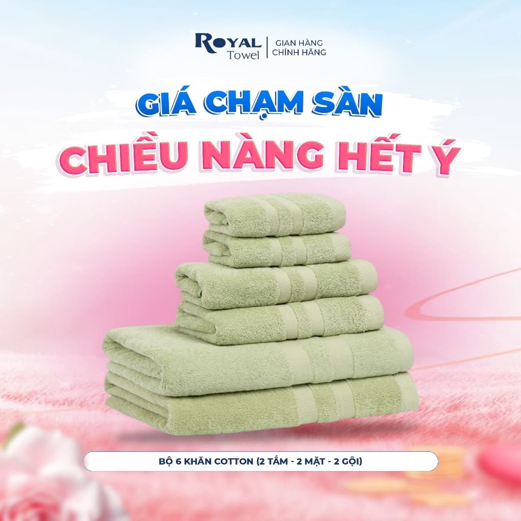Bộ 6 Khăn Tắm Gội Mặt Royal Towel 2 Mặt 2 Gội 2 Tắm 60x120cm Sợi Cotton Mềm Mịn Thấm Hút Tốt Không Xổ Lông