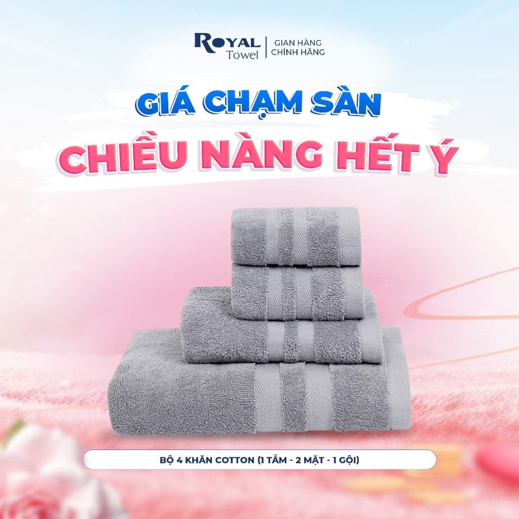 Bộ 4 Khăn Gồm 2 Mặt 1 Gội 1 Tắm 60x120cm Royal Towel Sợi Cotton Mềm Mịn Thấm Hút Tốt Không Xổ Lông Không Phai Màu