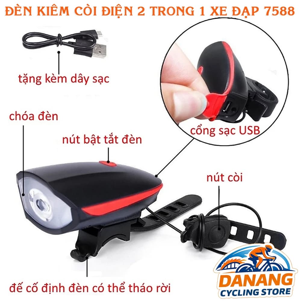 Đèn Xe Đạp Kèm Còi 7588 Sạc USB An Toàn Khi Đi Đêm